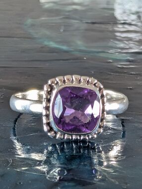Sterling Silver Cushion Cut Genuine Amethyst Ring Size 8.75